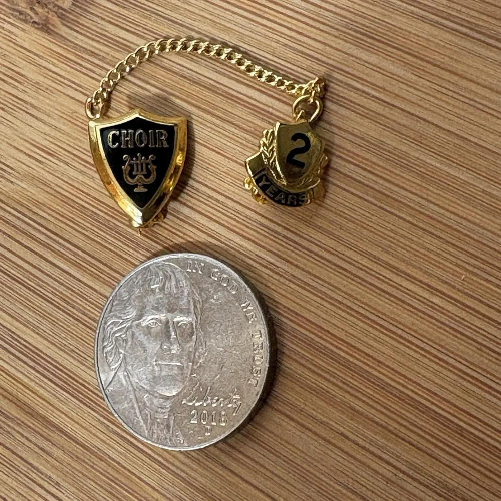 Vintage School Pins, Choir, 2 Year Gold Tone with Black Enamel Scatter Pin Chain